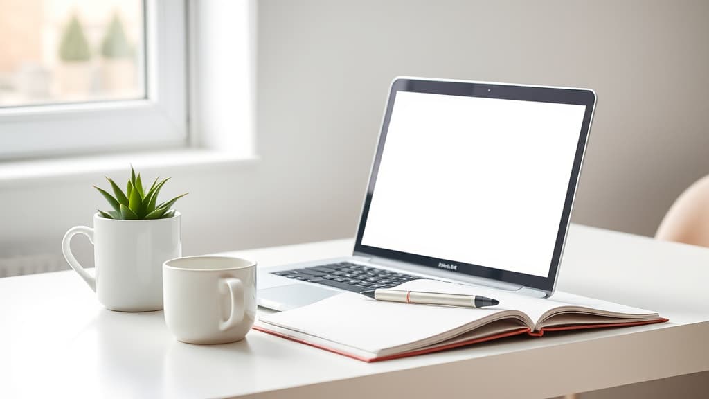 Freundlicher, heller Schreibtisch mit Laptop und Notizblock