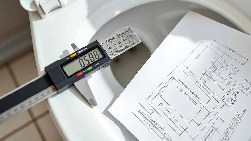 Ein Messschieber misst den Lochabstand an einer WC-Keramik, daneben liegt die technische Zeichnung des Herstellers