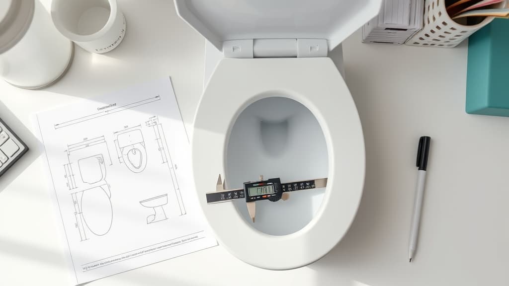 Heller Arbeitsplatz mit Maßzeichnungen der Hersteller, einem Messschieber und einem WC-Sitz