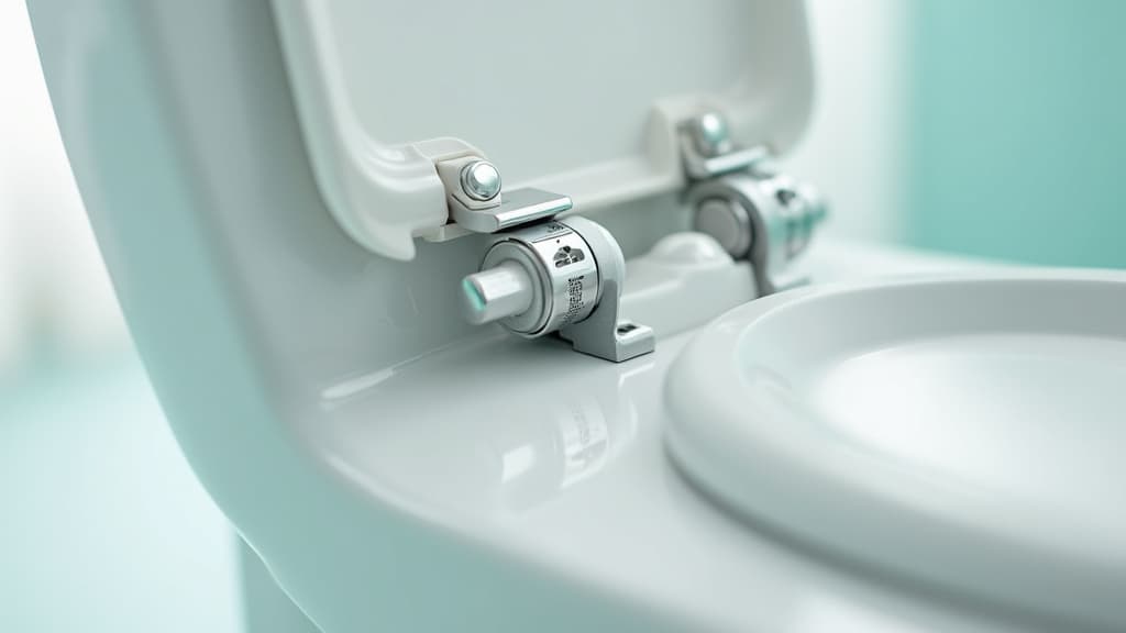 Nahaufnahme des weißen Scharniers eines WC-Sitzes mit integriertem Absenkautomatik-Dämpfer, kein Einstellrad sichtbar
