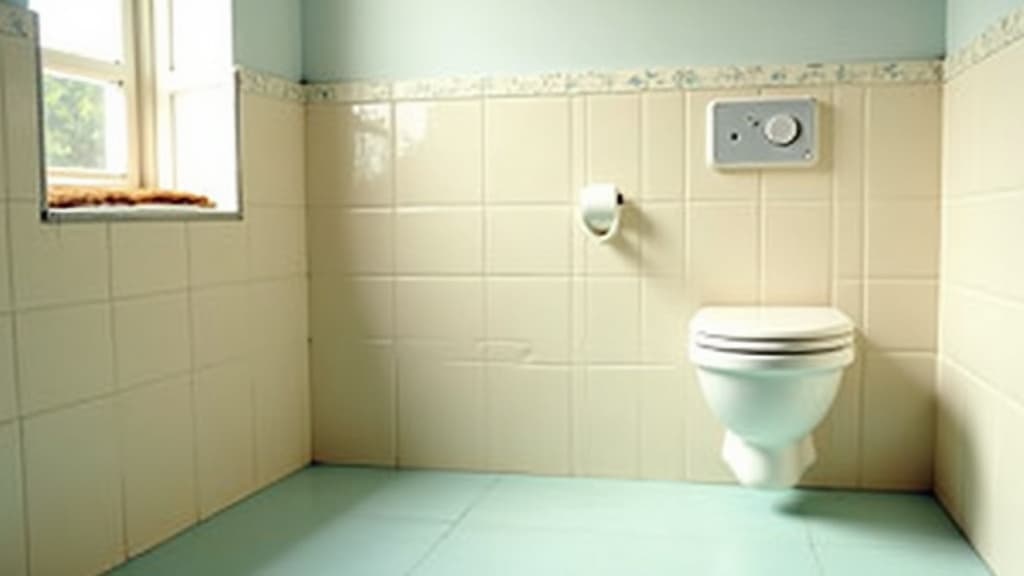 Retro-Badezimmer im Stil der 70er- bis 90er-Jahre mit cremefarbenen Wandfliesen und einem zarten Grünton am Boden