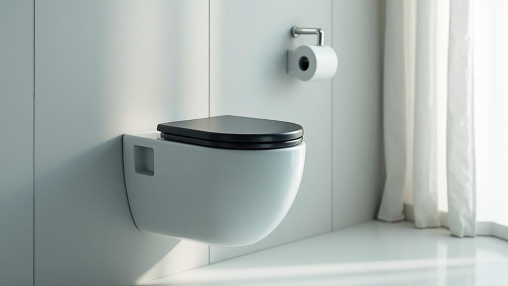 Wandhängende weiße Keramik-Toilette mit geschlossenem mattschwarzem WC-Sitz in einem hellen, modernen Bad