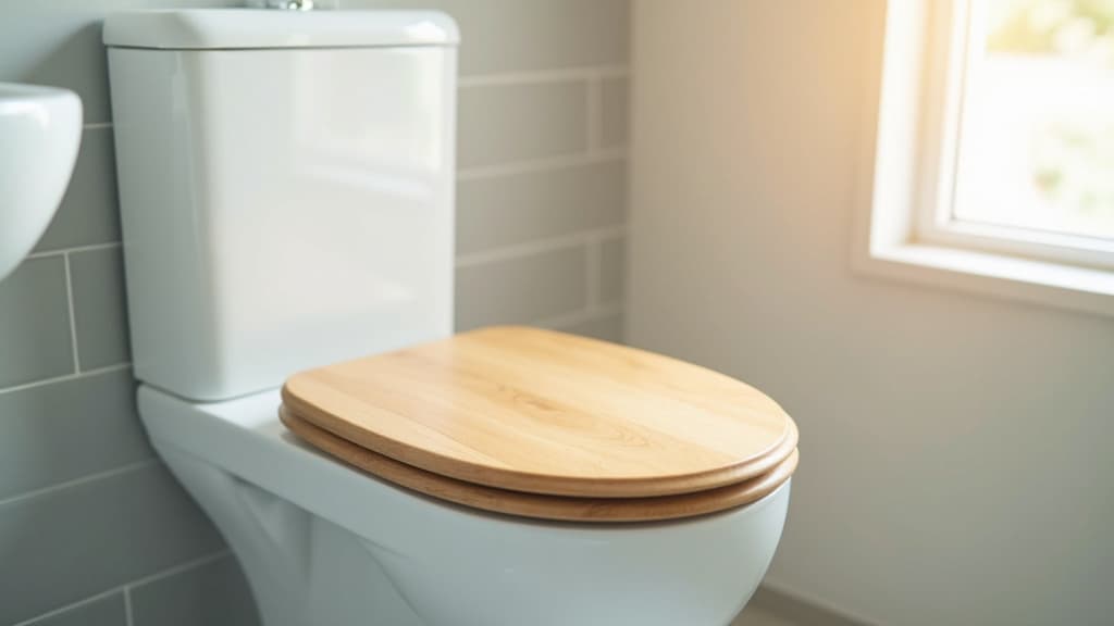 Ein WC-Sitz aus hellem, lackiertem Holz mit geschlossenem Deckel auf einer weißen WC-Keramik in einem hellen Bad