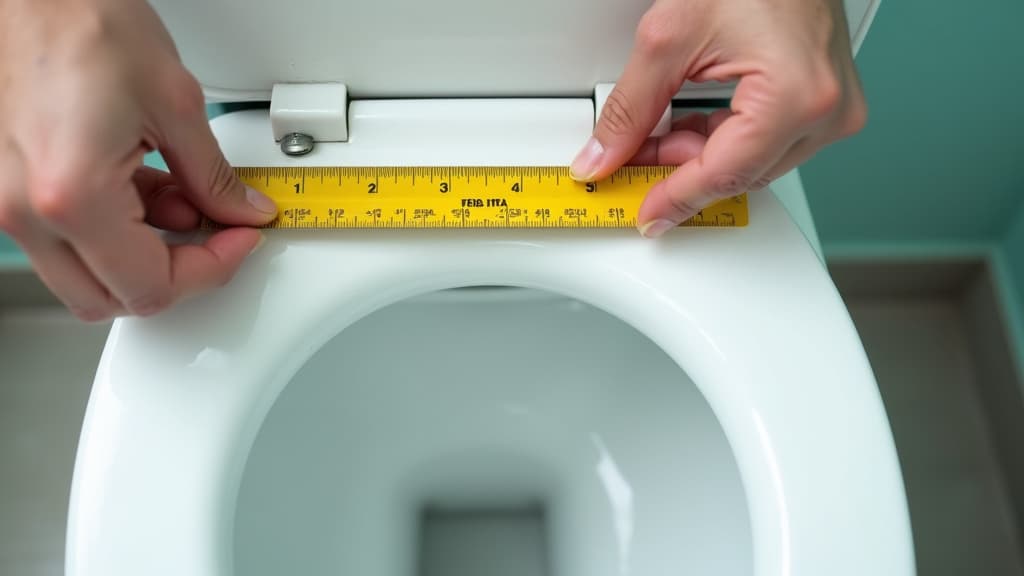 Zwei Hände messen mit einem gelben Zollstock den Lochabstand zwischen den Befestigungslöchern eines weißen WC-Beckens