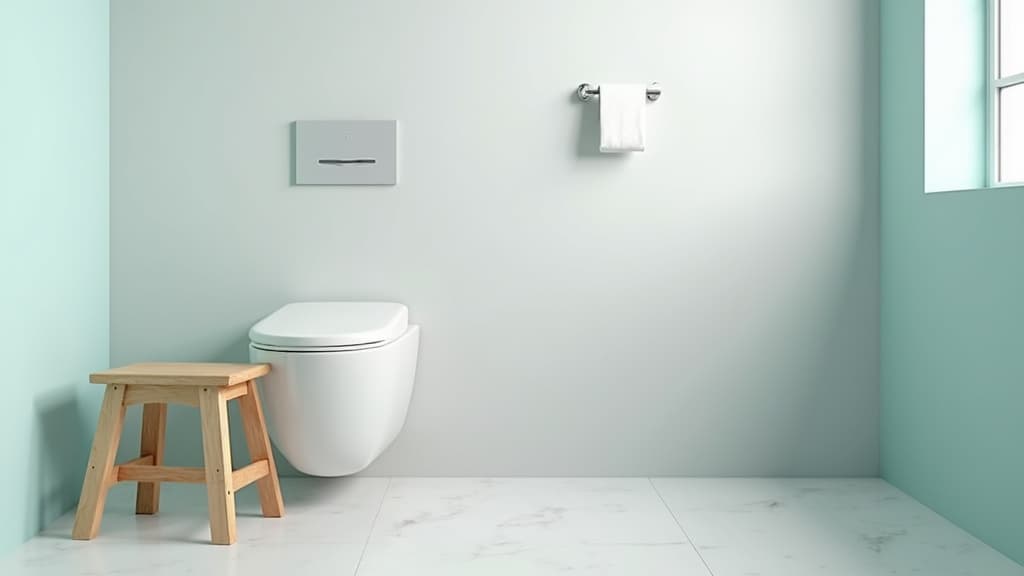 Kleiner heller Tritthocker aus Holz steht neben einem weißen WC in einem hellen Badezimmer
