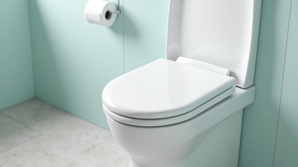 Weißer WC-Sitz auf einem weißen WC-Becken in einem hellen Bad, Toilettenpapierrolle an der Wand