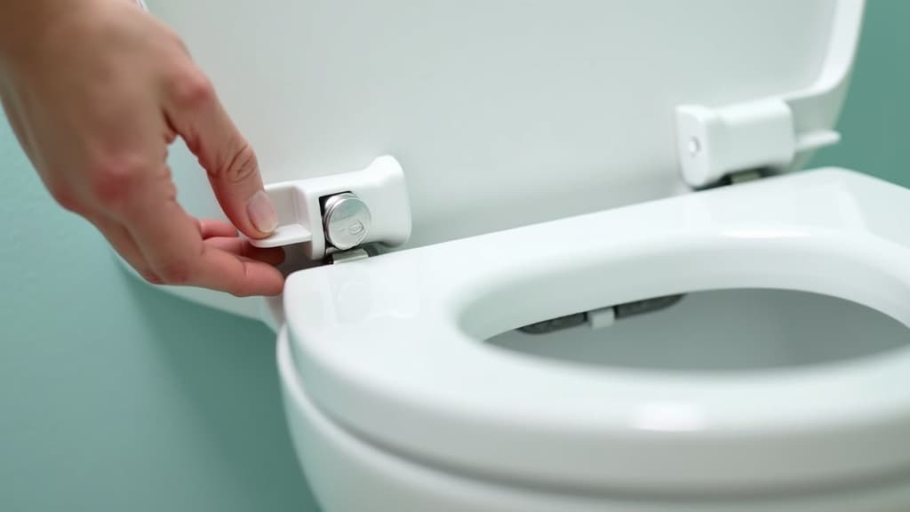 Nahaufnahme eines Scharniers an einem weißen WC-Sitz, eine Hand prüft die Befestigung am hinteren Rand der Keramik