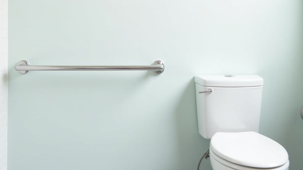 Ein verchromter Haltegriff ist an der Wand direkt neben einer weißen WC-Keramik montiert