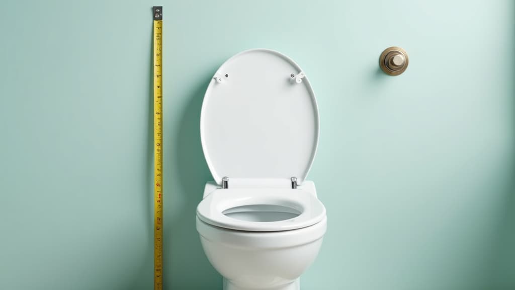 Ein gelbes Maßband hängt senkrecht neben einem weißen WC-Sitz und misst die Sitzhöhe vom Boden aus